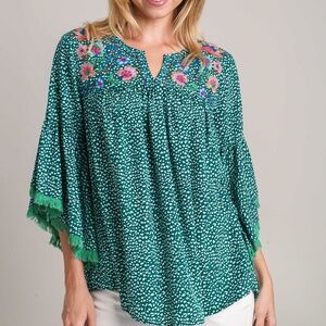 Umgee Embroidered Boho Top | NWT | Fringe Sleeve | Hunter Green | Sizes S M L